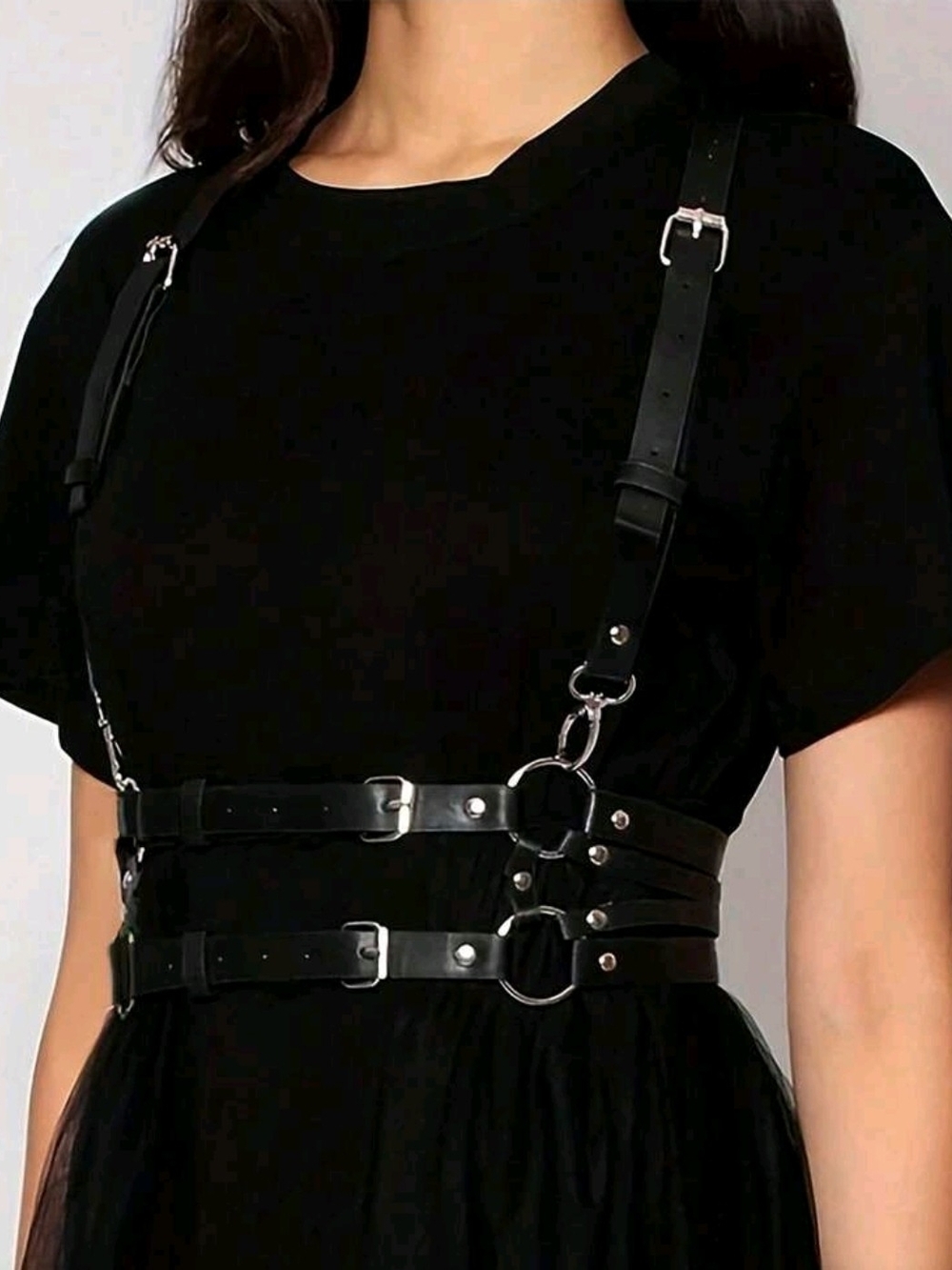Trendy Black Silver Pu Leather Two Straps Suspender Harness Belt(Length:43.3")